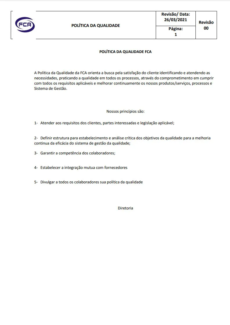 Política da Qualidade FCA, revisão de 26/03/2021